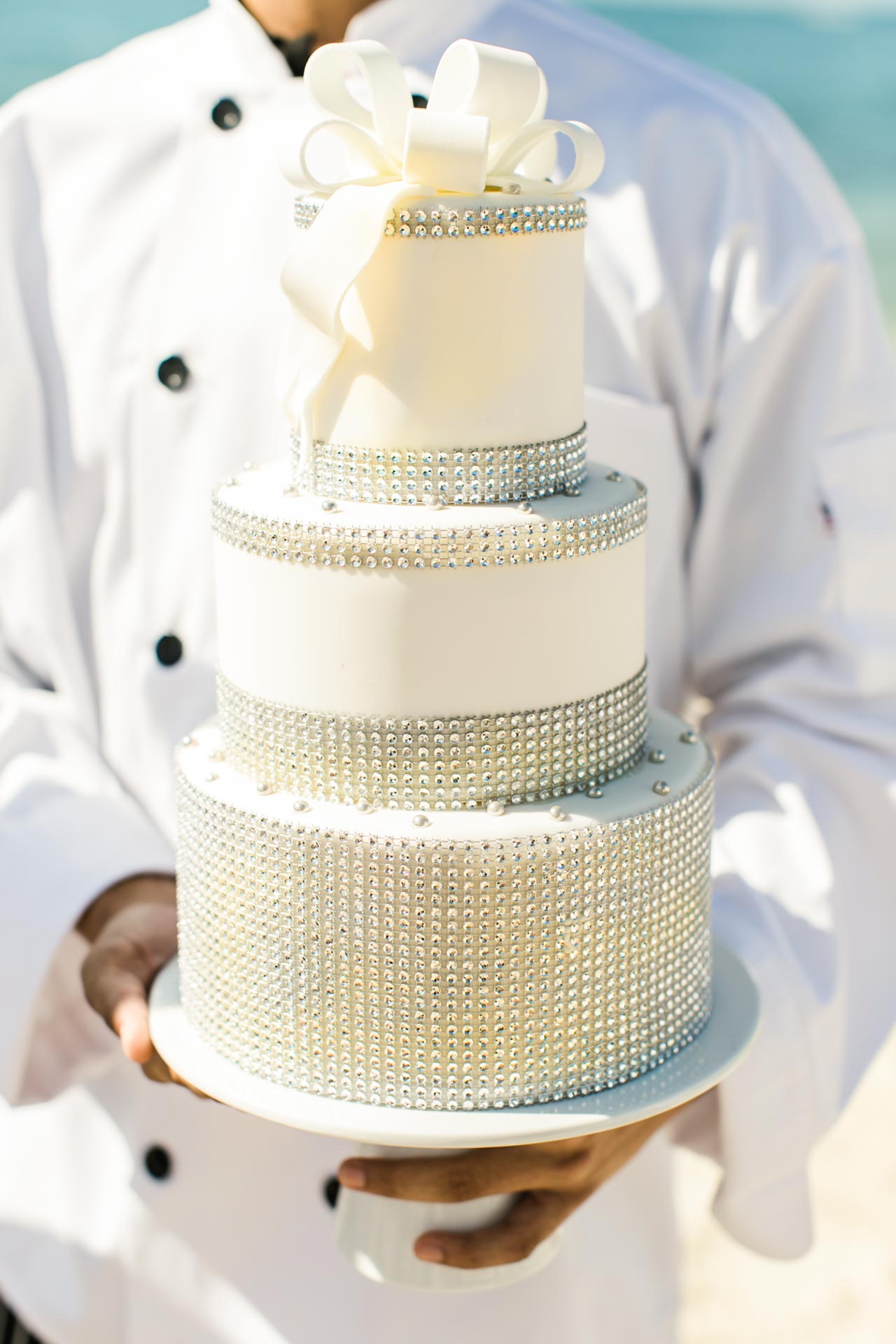 White gem crusted wedding cake