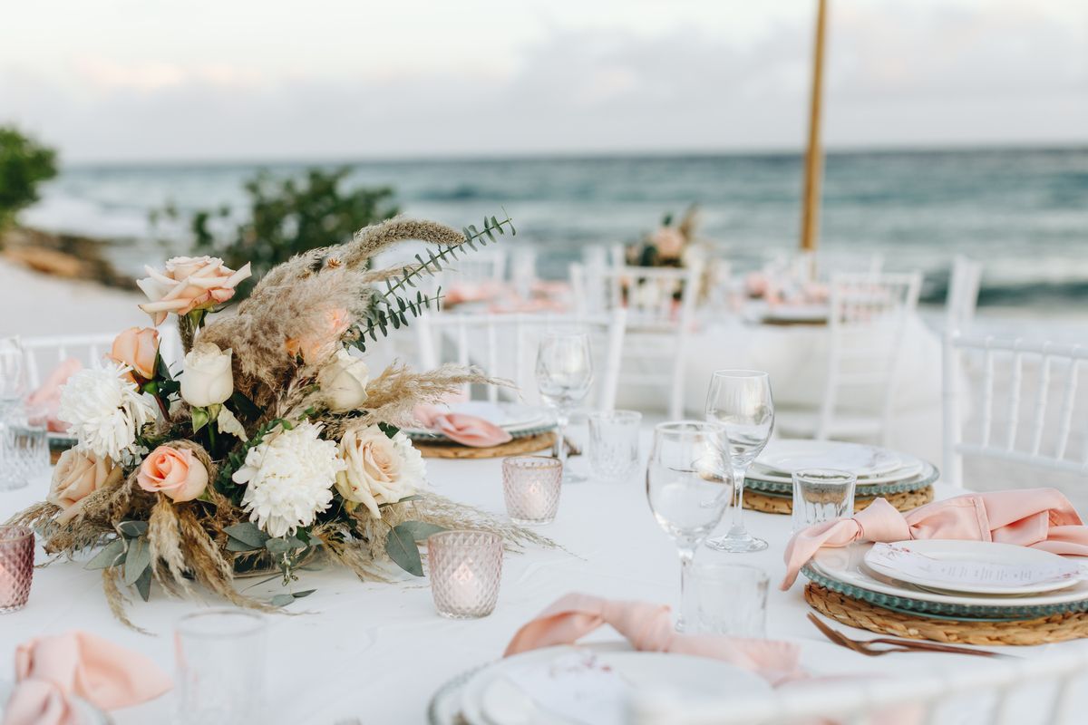 sandals wedding floral setup on beach
