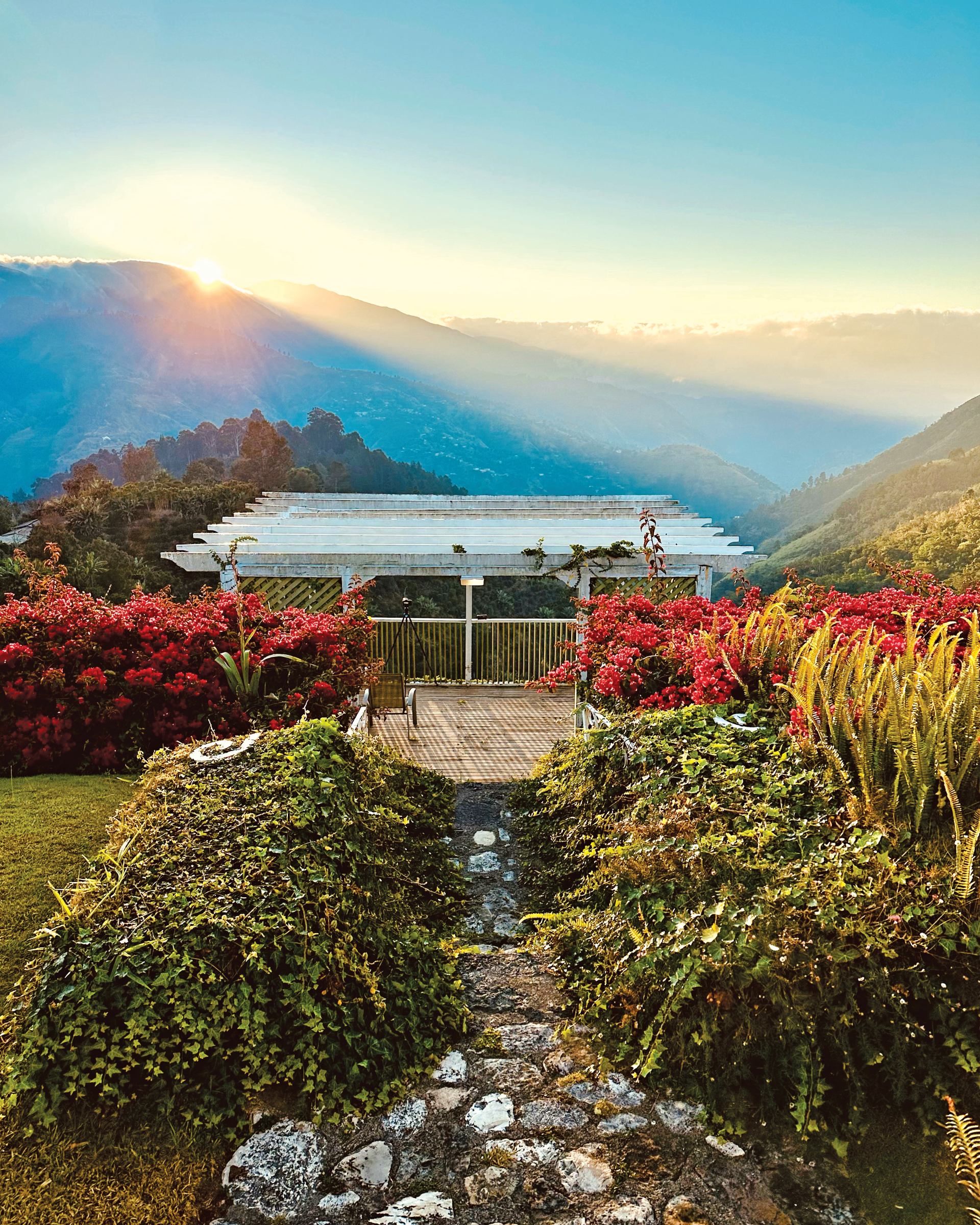 Scenic path leading through the Blue Mountains with tropical greenery and a mountain lodge